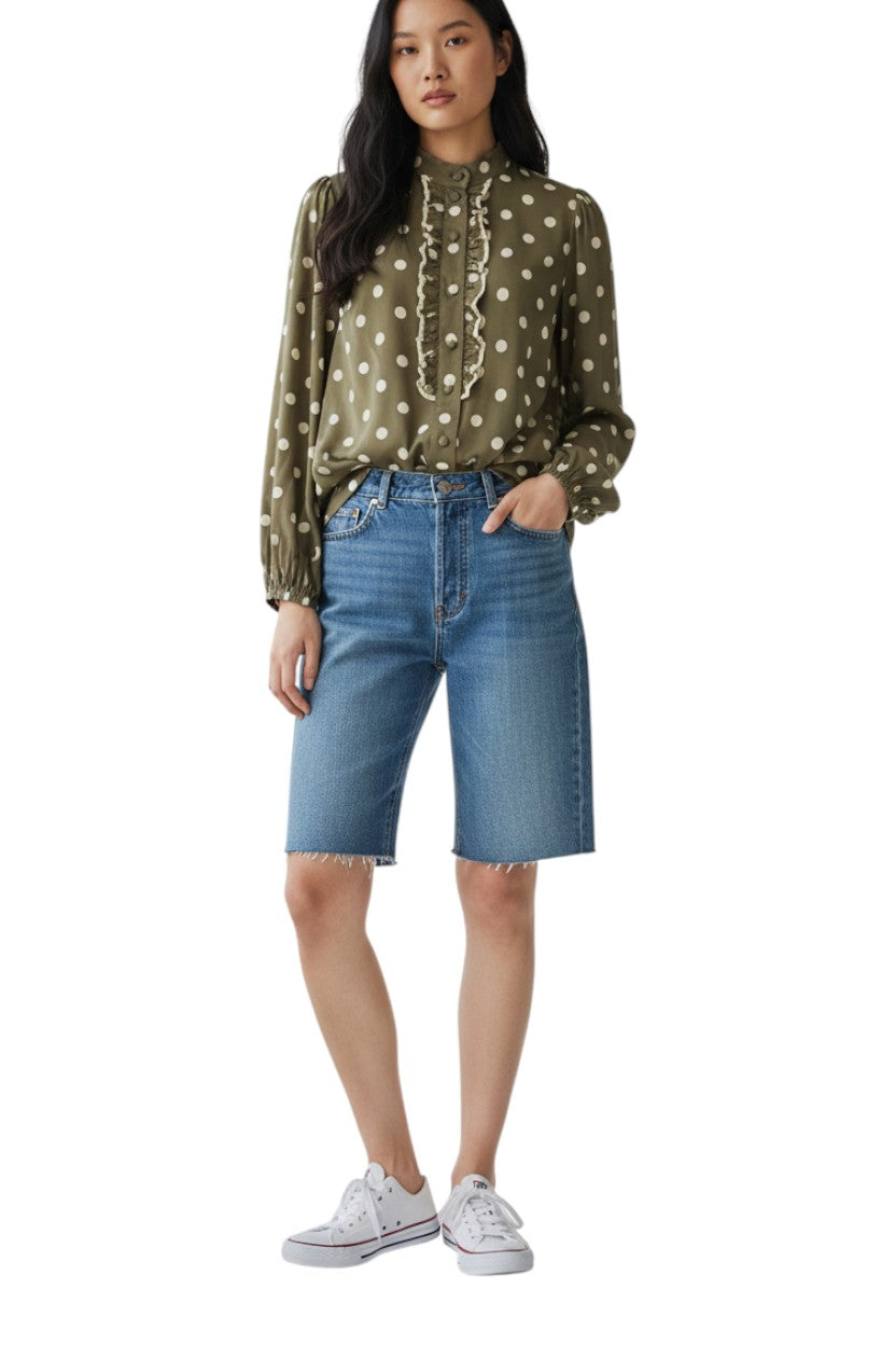 Zimmermann Frill Blouse | Khaki Olive/Cream Polka Dot, Spun Silk, Dolman Sleeves
