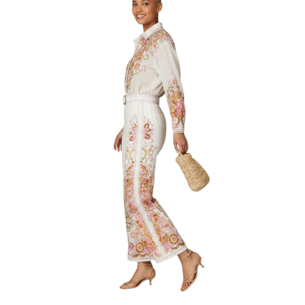 Zimmermann Laurel Cropped Flare Pant | Pink/Off-White Floral, High Waist, Linen