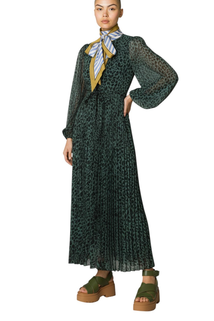 Zimmermann Sunray Long Sleeve Midi Dress | Green Animal Print, Silk Scarf Belt