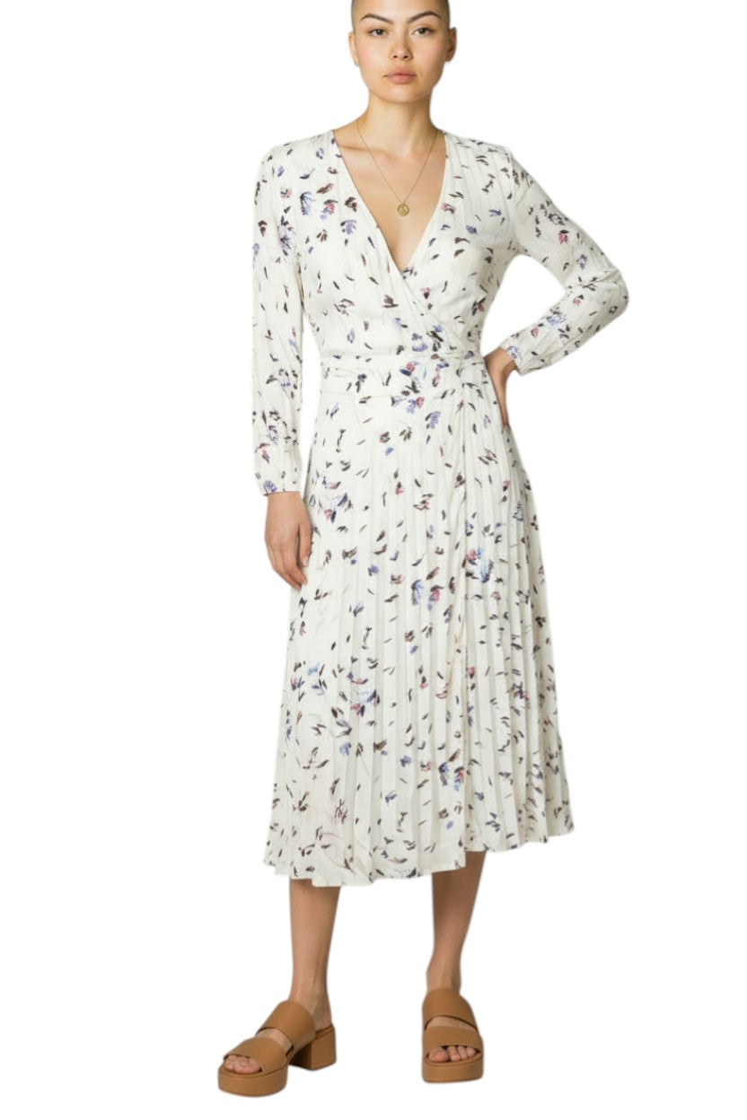 ganni wrap dress GANNI Wrap Midi Dress White Floral Sz Viscose V Neck bell – Naked Pear