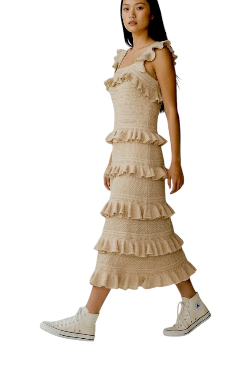 Zimmermann Illuminate Lace Frill Midi Dress | Metallic Gold/Beige, Knit, Tiered