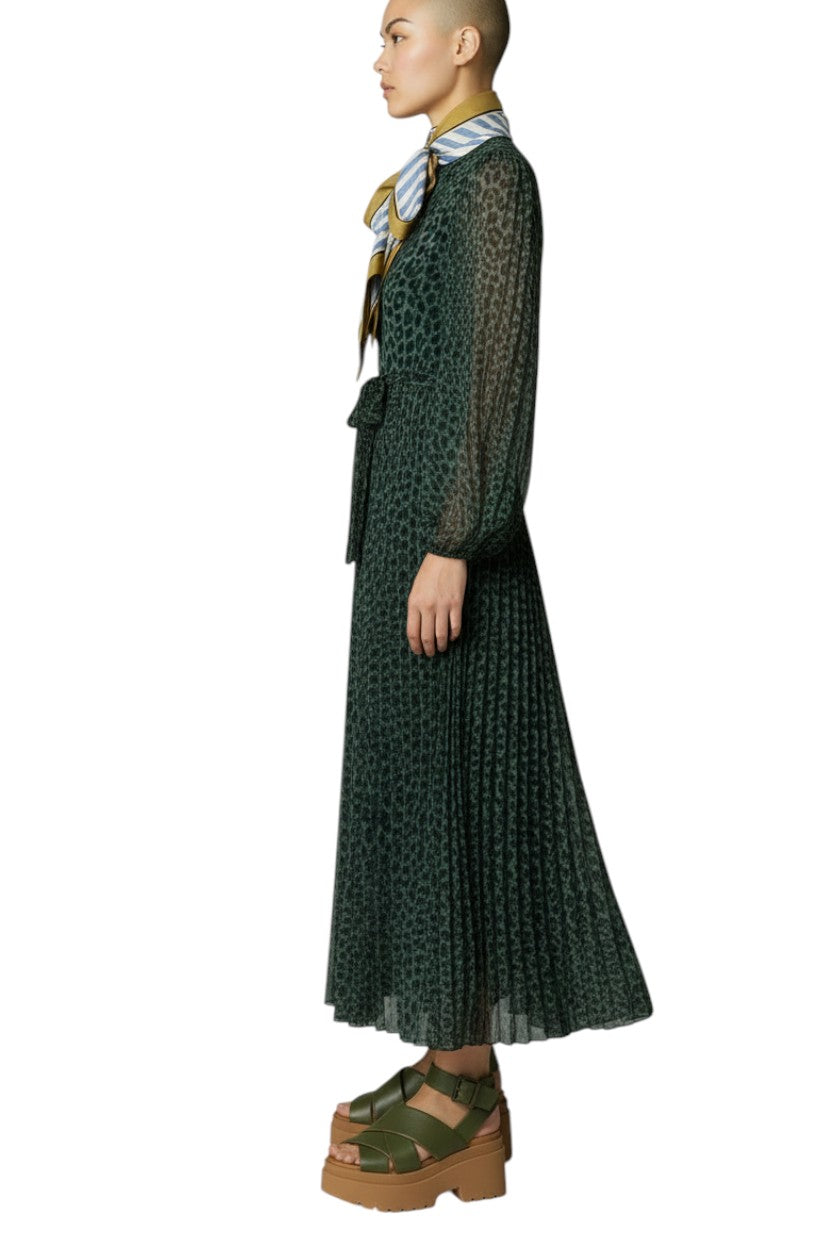 Zimmermann Sunray Long Sleeve Midi Dress | Green Animal Print, Silk Scarf Belt