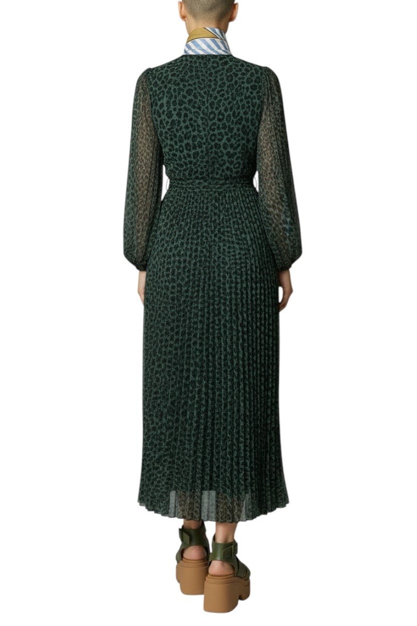 Zimmermann Sunray Long Sleeve Midi Dress | Green Animal Print, Silk Scarf Belt