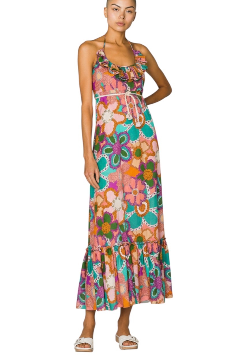 Zimmermann Lola Frill Picnic Dress | Purple Floral, Belt, Cotton, Maxi, Halter