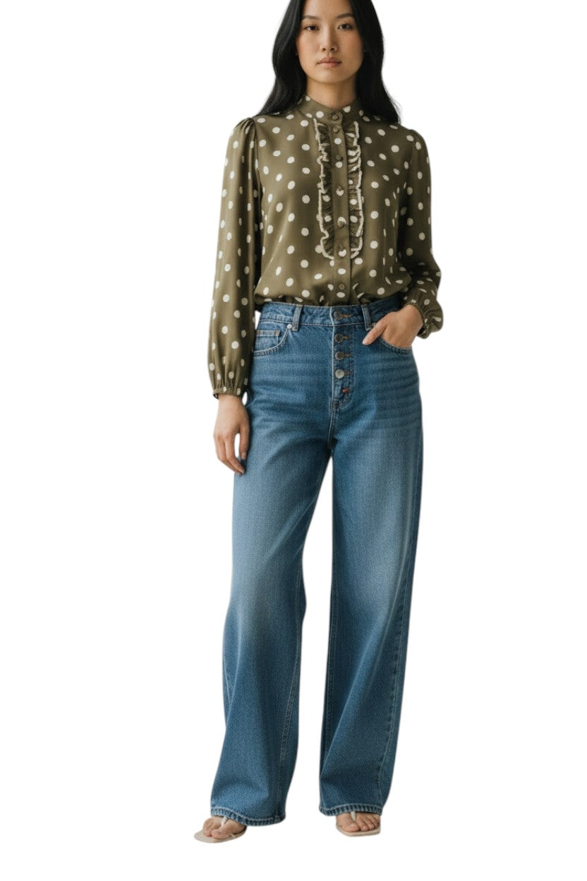Zimmermann Frill Blouse | Khaki Olive/Cream Polka Dot, Spun Silk, Dolman Sleeves