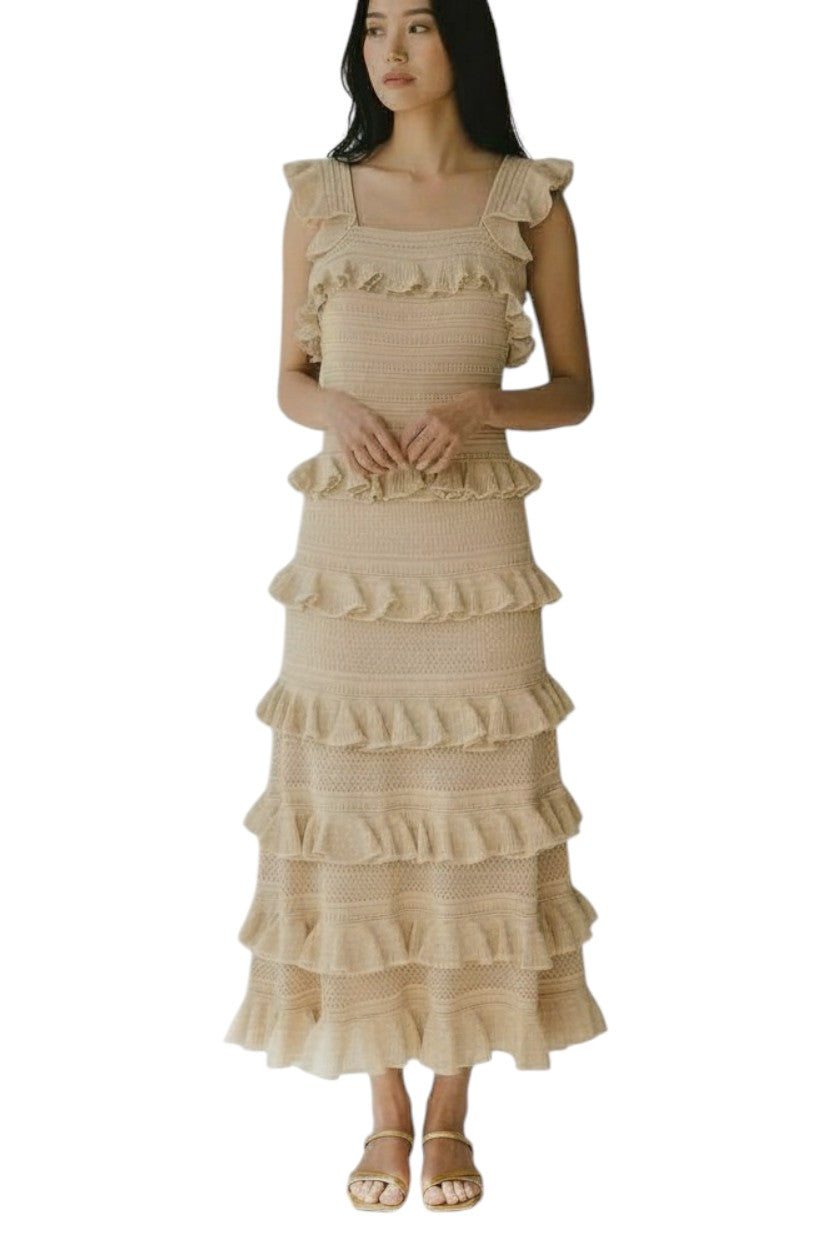 Zimmermann Illuminate Lace Frill Midi Dress | Metallic Gold/Beige, Knit, Tiered