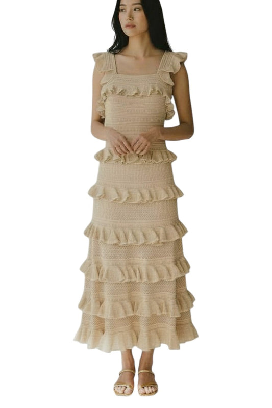 Zimmermann Illuminate Lace Frill Midi Dress | Metallic Gold/Beige, Knit, Tiered