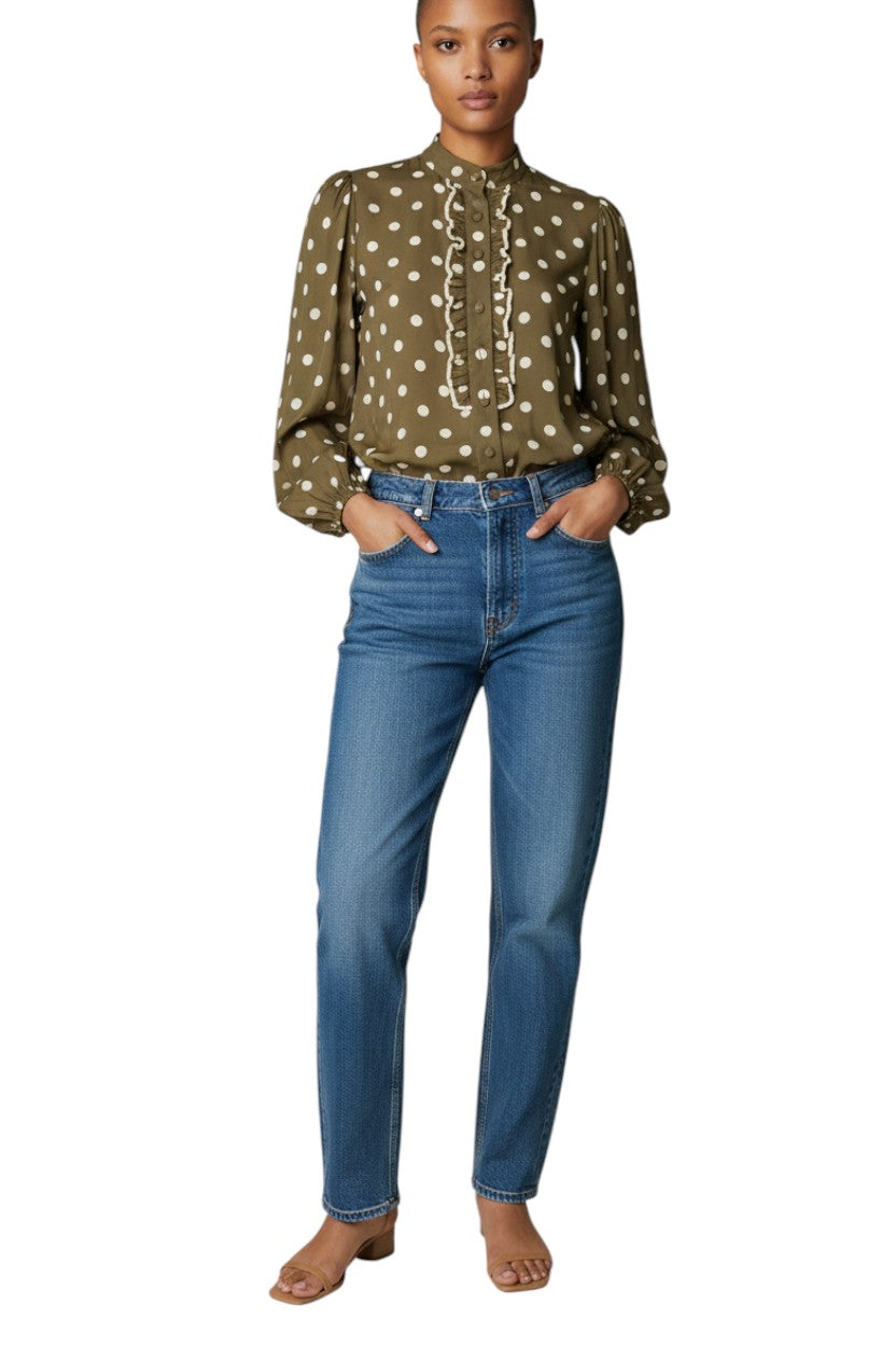 Zimmermann Frill Blouse | Khaki Olive/Cream Polka Dot, Spun Silk, Dolman Sleeves