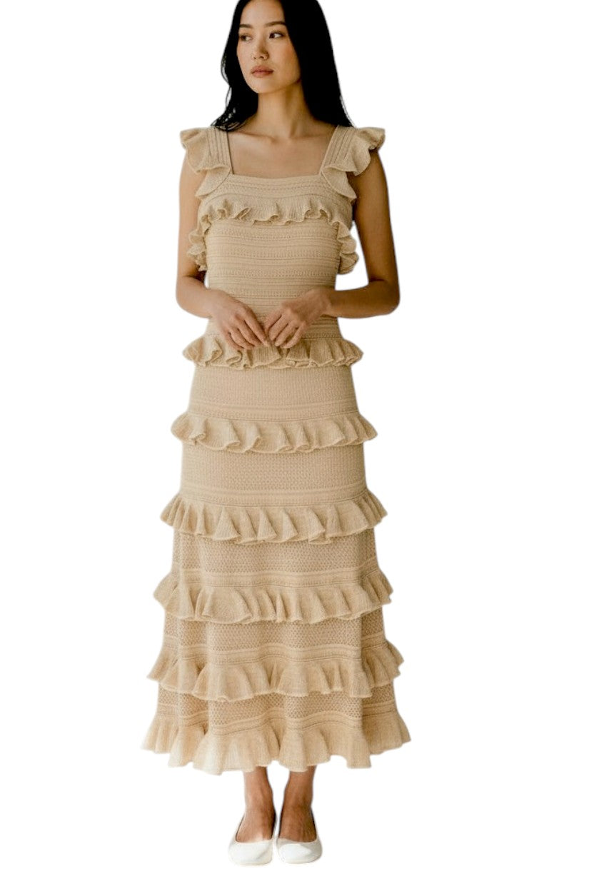 Zimmermann Illuminate Lace Frill Midi Dress | Metallic Gold/Beige, Knit, Tiered