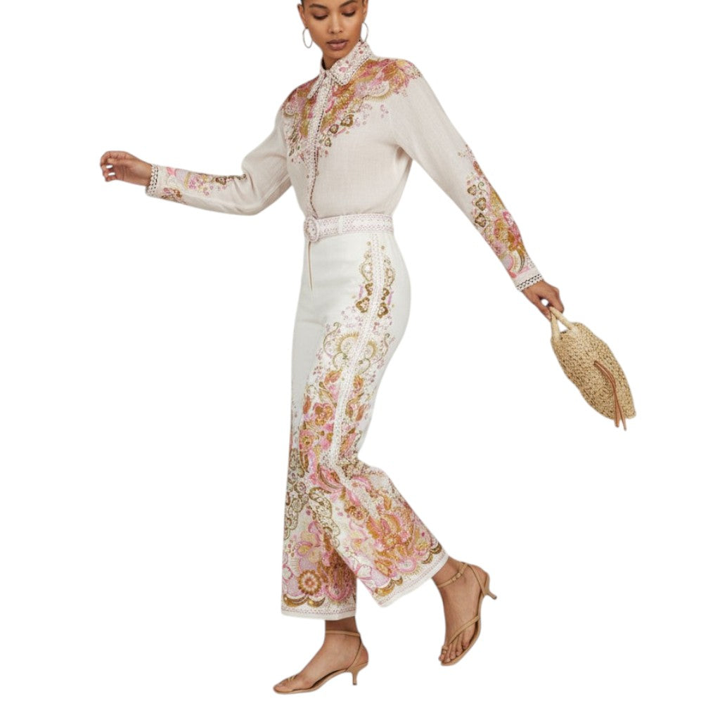 Zimmermann Laurel Cropped Flare Pant | Pink/Off-White Floral, High Waist, Linen