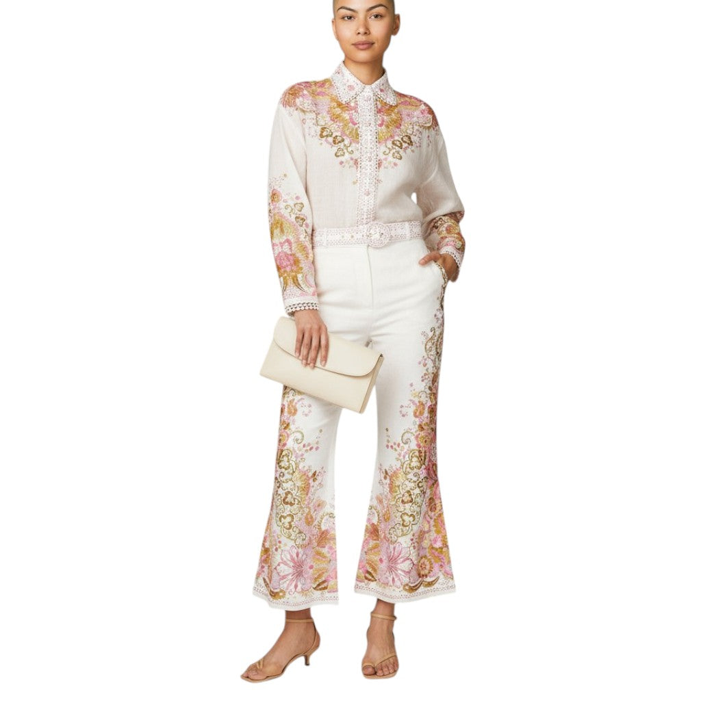 Zimmermann Laurel Cropped Flare Pant | Pink/Off-White Floral, High Waist, Linen