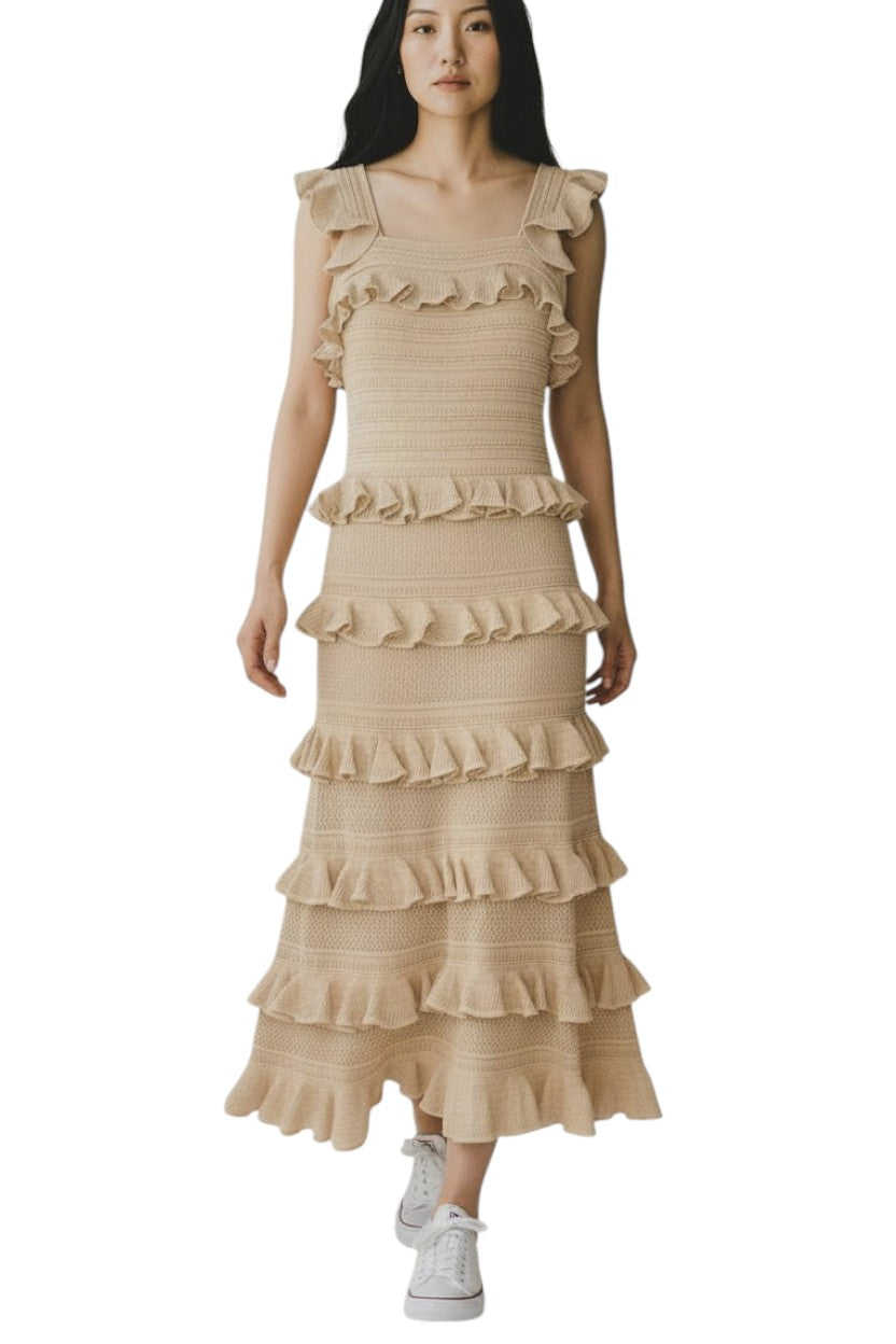 Zimmermann Illuminate Lace Frill Midi Dress | Metallic Gold/Beige, Knit, Tiered
