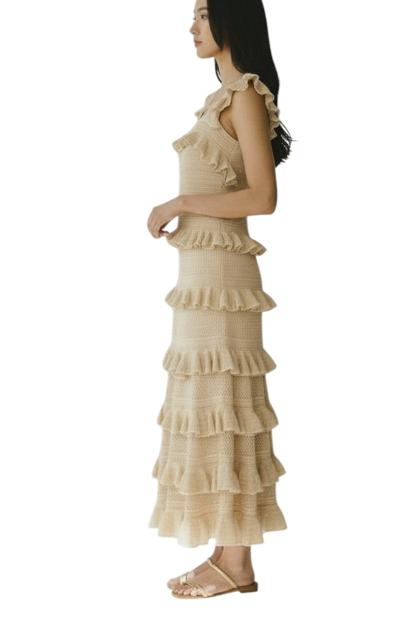 Zimmermann Illuminate Lace Frill Midi Dress | Metallic Gold/Beige, Knit, Tiered