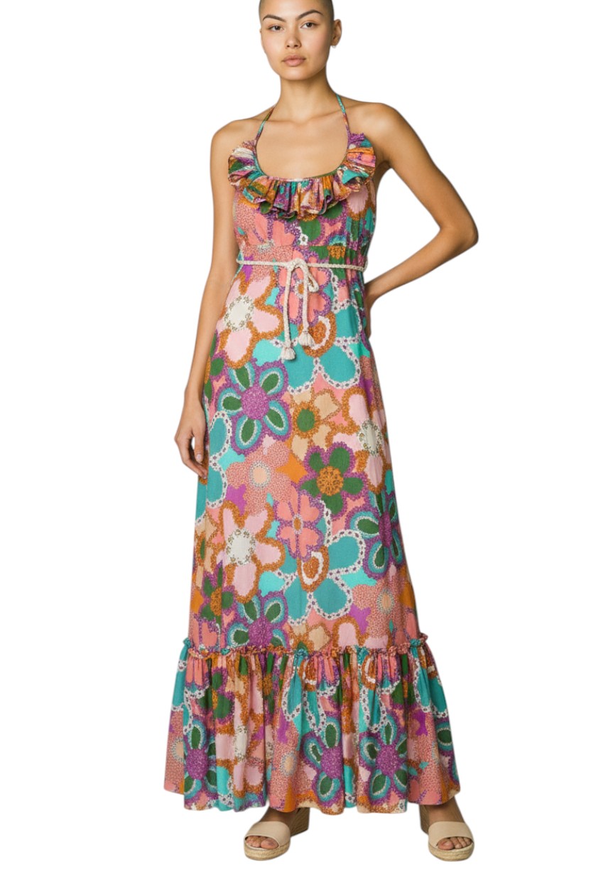 Zimmermann Lola Frill Picnic Dress | Purple Floral, Belt, Cotton, Maxi, Halter