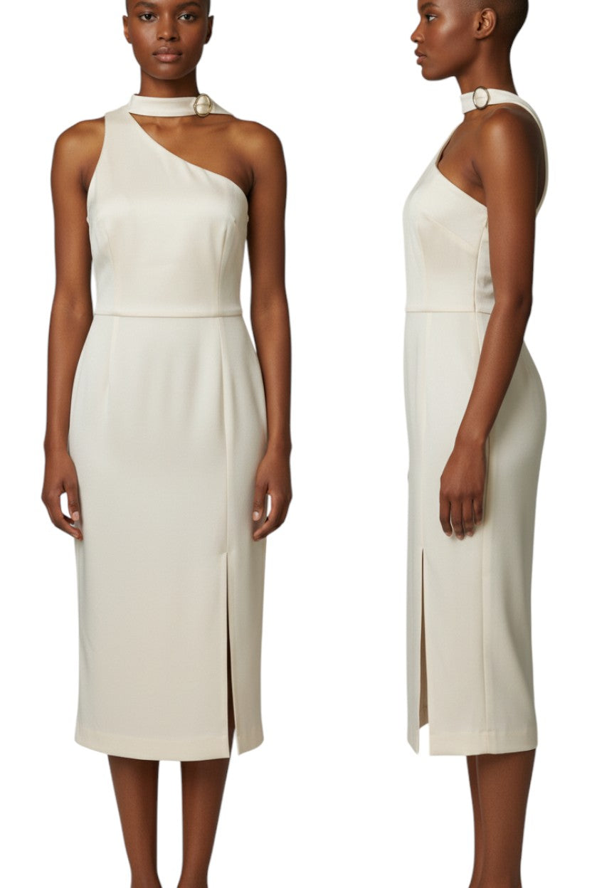 Zimmermann Neck Tie Midi Dress | Pearl/Off White, Pencil, One Shoulder, Stretch