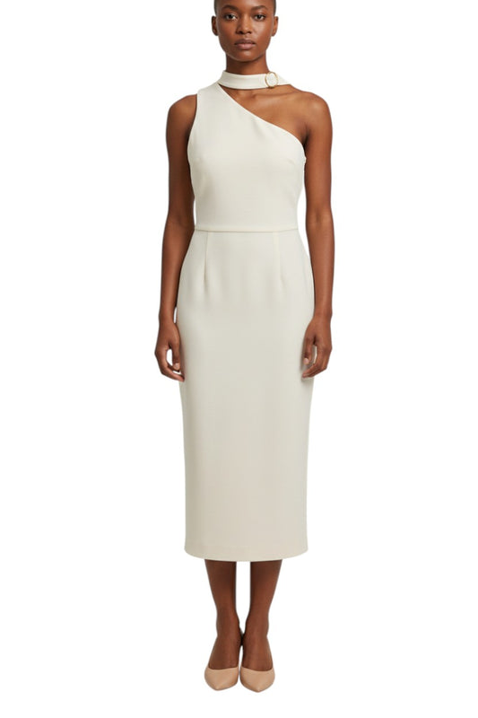 Zimmermann Neck Tie Midi Dress | Pearl/Off White, Pencil, One Shoulder, Stretch