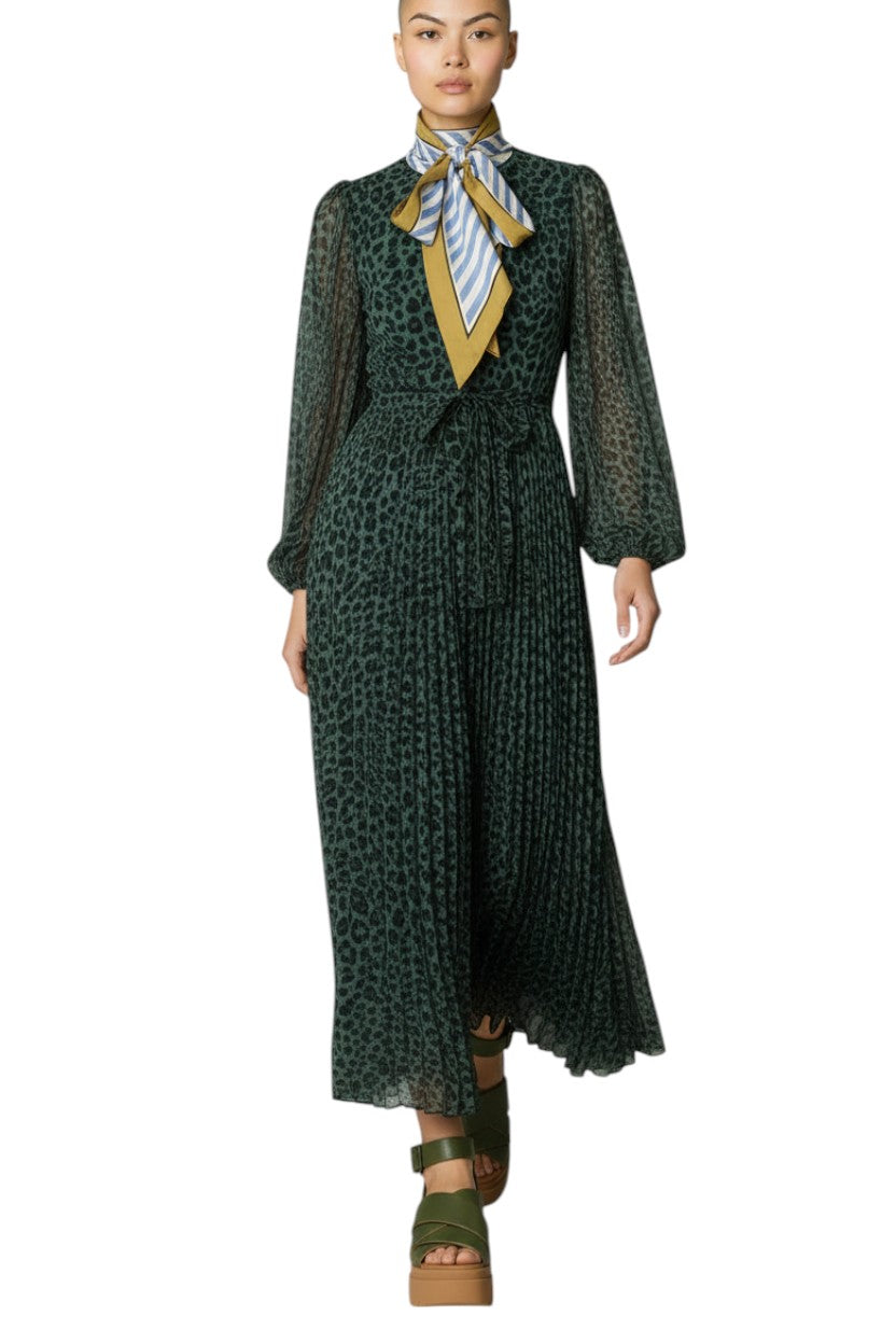 Zimmermann Sunray Long Sleeve Midi Dress | Green Animal Print, Silk Scarf Belt