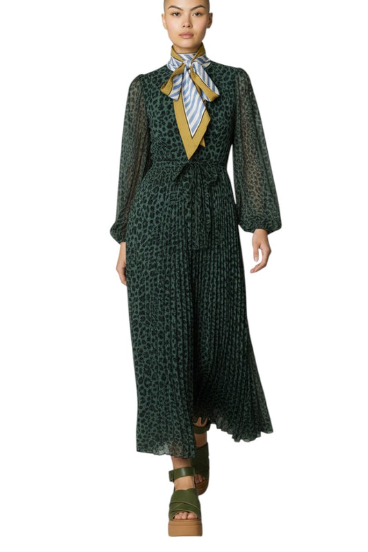 Zimmermann Sunray Long Sleeve Midi Dress | Green Animal Print, Silk Scarf Belt