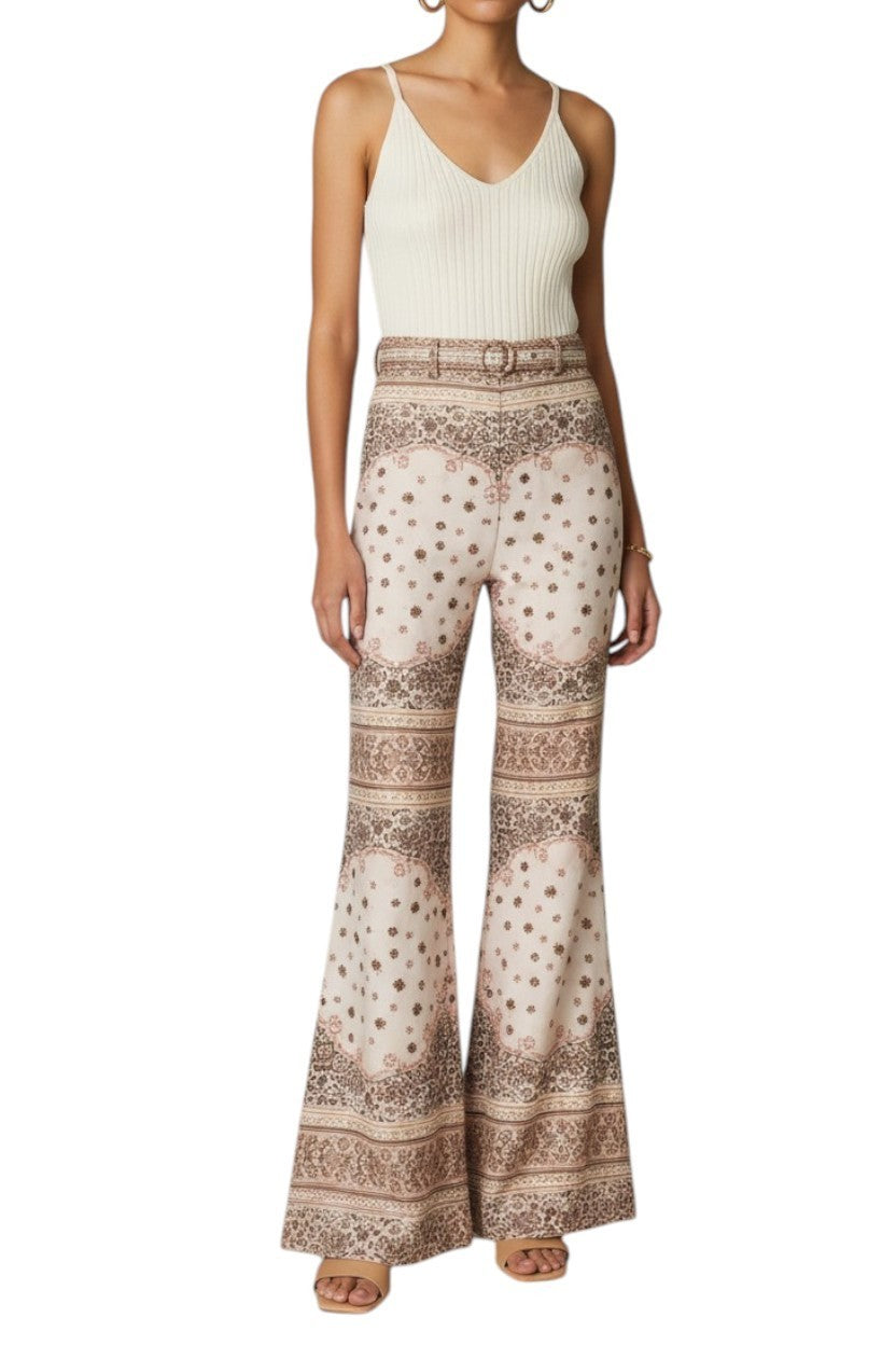 Naked Pear Zimmermann high-waisted linen wide-leg pants in cream and pink bandana print with a matching belt.