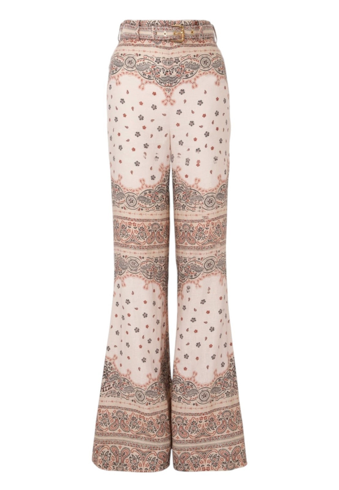 Naked Pear Zimmermann high-waisted linen wide-leg pants in cream with a pink and black bandana print and matching belt