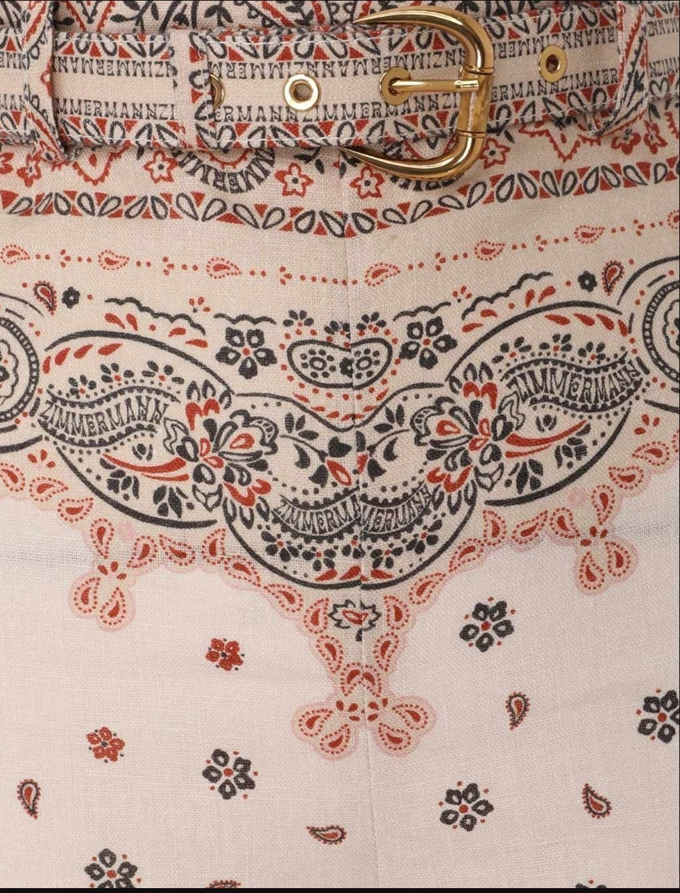 Naked Pear Zimmermann high-waisted linen wide-leg pants in cream with a pink and black bandana print and matching belt
