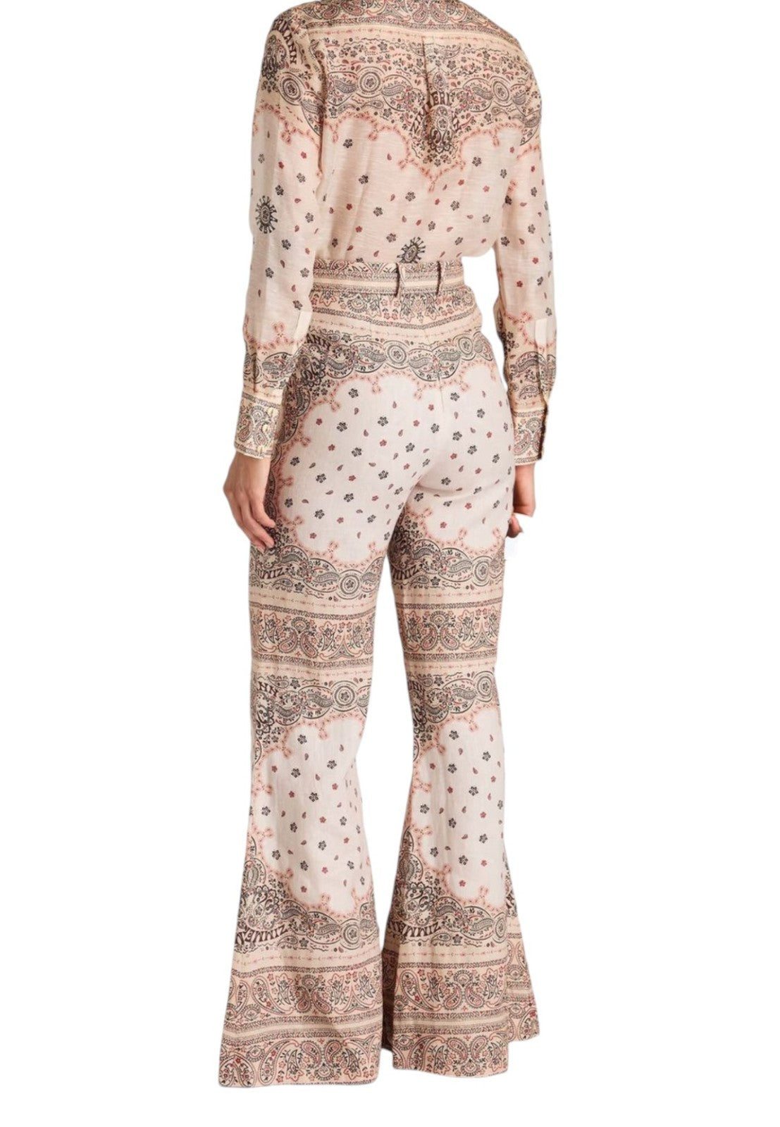 Naked Pear Zimmermann cream linen wide-leg pants with pink bandana print, high waist, and matching belt, back view