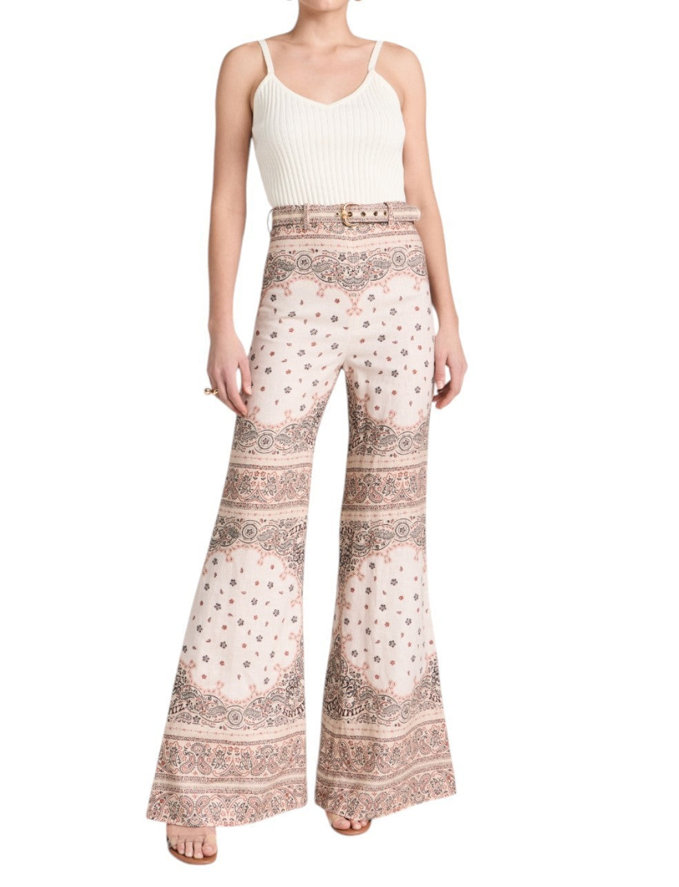 Naked Pear Zimmermann high-waisted linen wide-leg pants in cream with a pink bandana print and matching belt