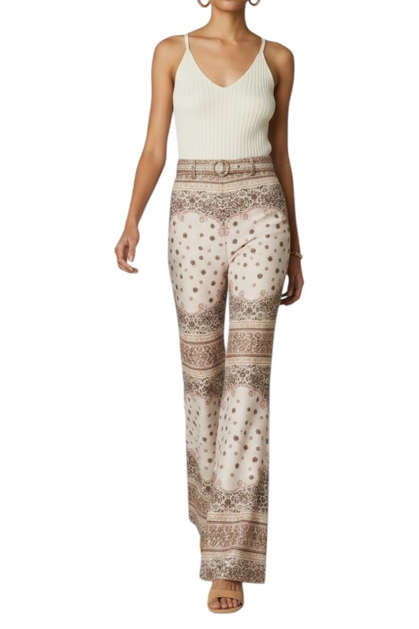 Naked Pear Zimmermann high-waisted linen wide-leg pants in cream and pink with a detailed placement bandana print