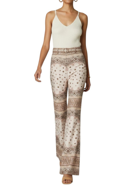 Naked Pear Zimmermann high-waisted linen wide-leg pants in cream and pink with a detailed placement bandana print