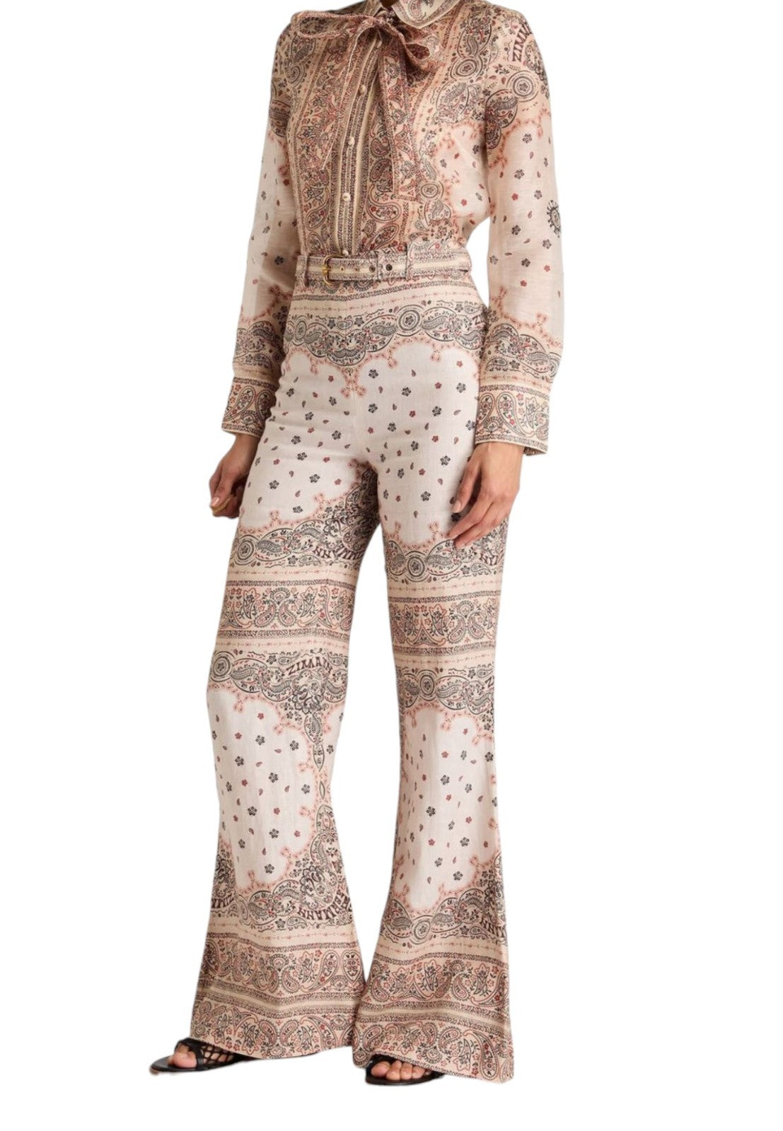 Naked Pear Zimmermann high-waisted wide-leg linen pants in cream with a pink and black placement bandana print.