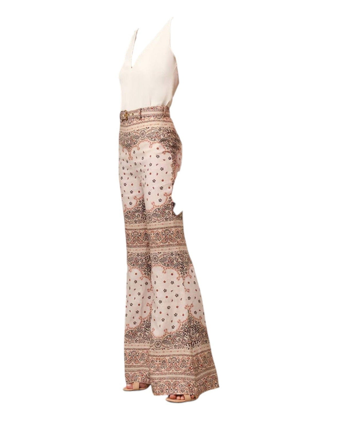 Naked Pear Zimmermann high-waisted cream linen wide-leg pants with a pink and brown bandana print and matching belt