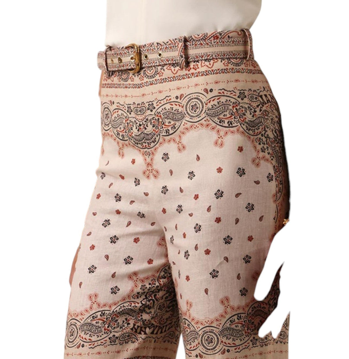 Naked Pear Zimmermann high-waisted linen wide-leg pants in cream with a pink and black bandana print and matching belt