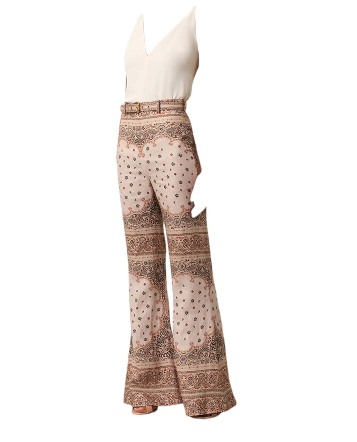 Naked Pear Zimmermann high-waisted cream linen wide-leg pants featuring a pink bandana print and matching belt