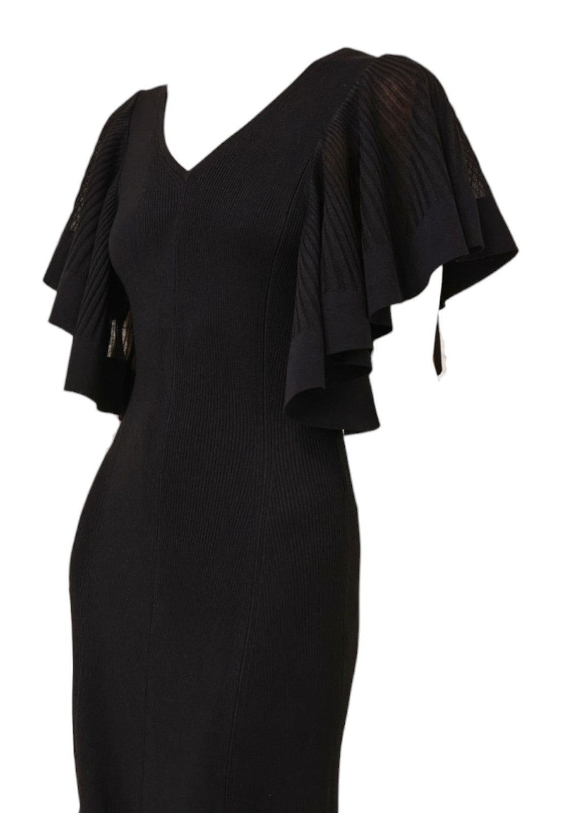 Naked Pear Zimmermann black knit midi dress with V-neckline and flutter sleeves featuring ribbed texture