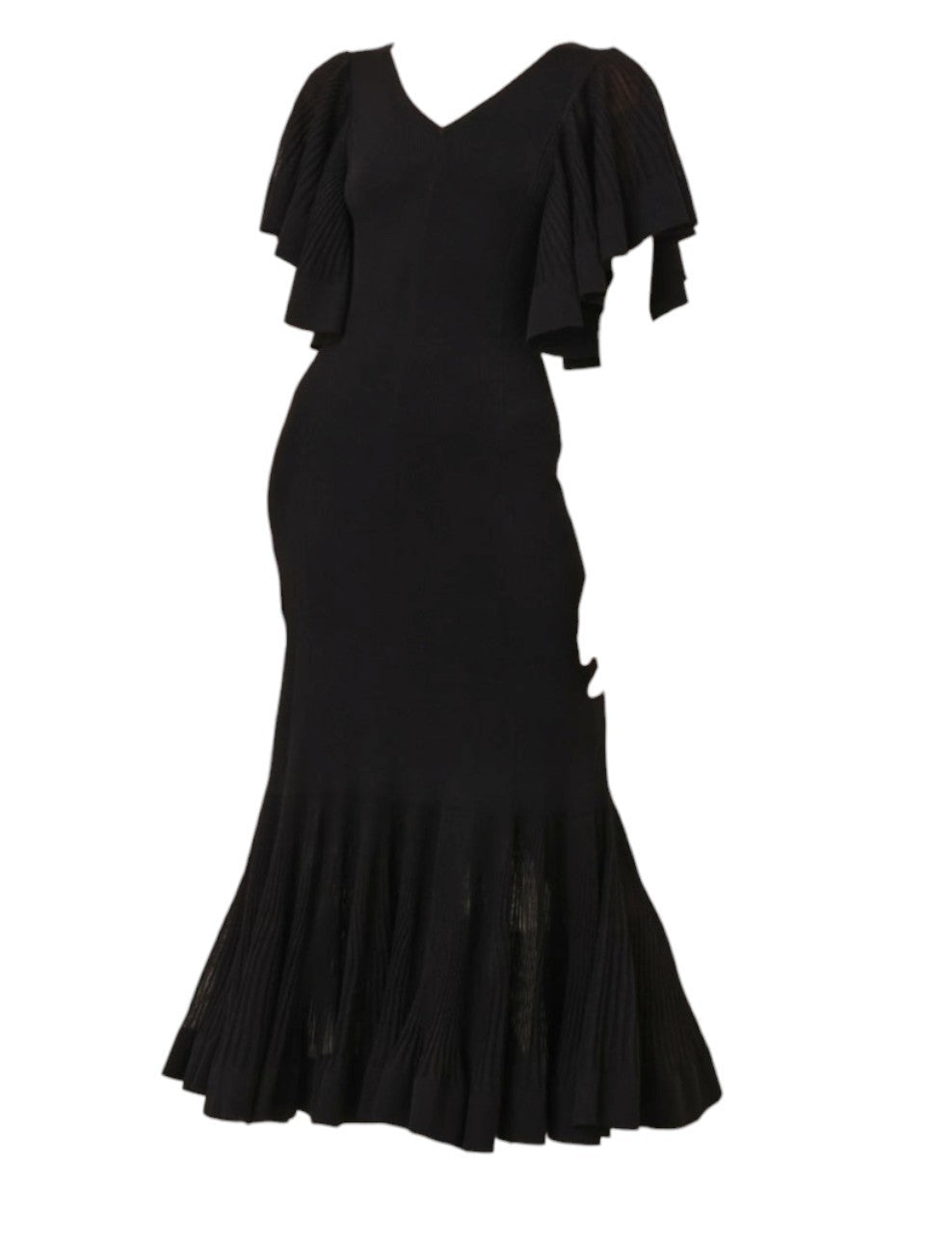 Naked Pear Zimmermann black knitted midi dress featuring a ribbed texture and pleated frill detail.