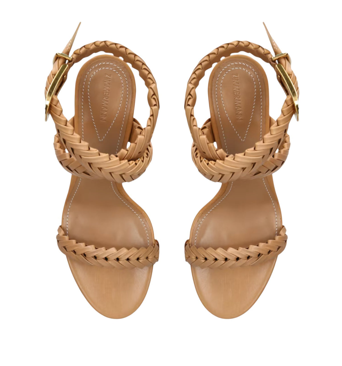Naked Pear Zimmermann Helix 75 beige calf leather braided stiletto sandals with ankle strap and gold buckle