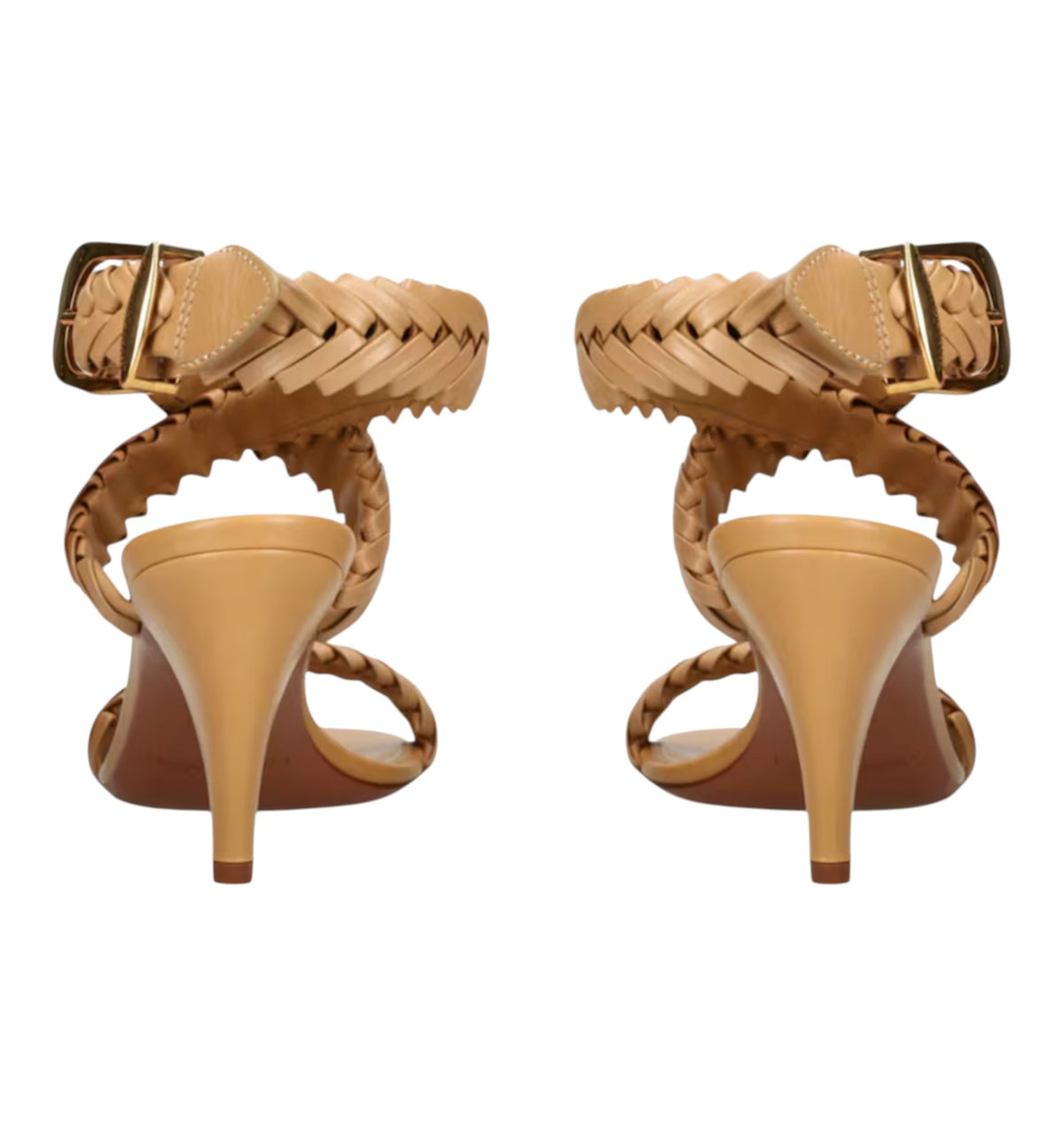 Naked Pear Zimmermann Helix 75 beige calf leather braided stiletto sandals with ankle strap and gold buckle