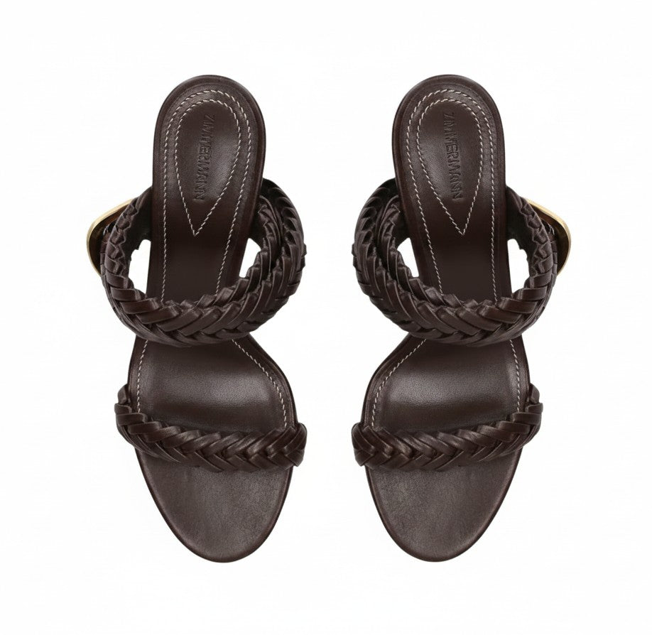 Naked Pear Zimmermann Helix 75 chocolate brown braided leather sandals with ankle strap and sculptural heel