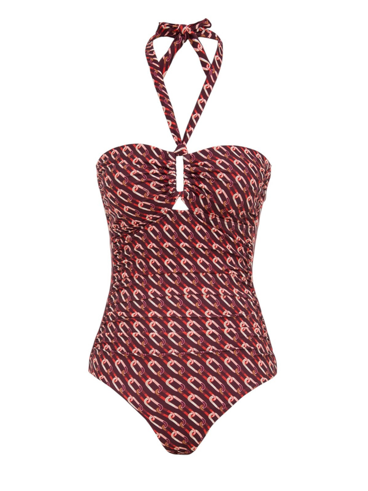 Naked Pear Zimmermann burgundy geometric print halter one-piece swimsuit with wide link detail and ruched body