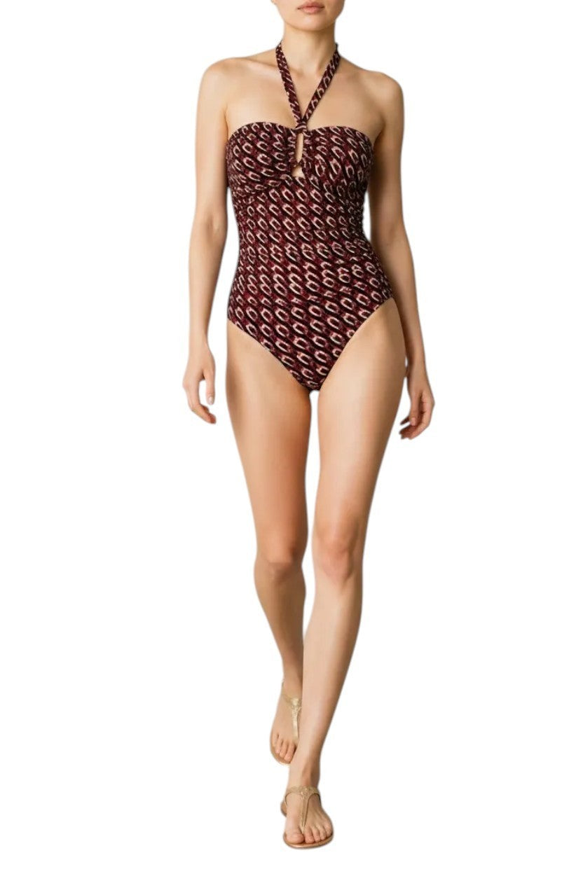 Naked Pear Zimmermann burgundy geometric print halter one-piece swimsuit with wide link detail at the centre bust