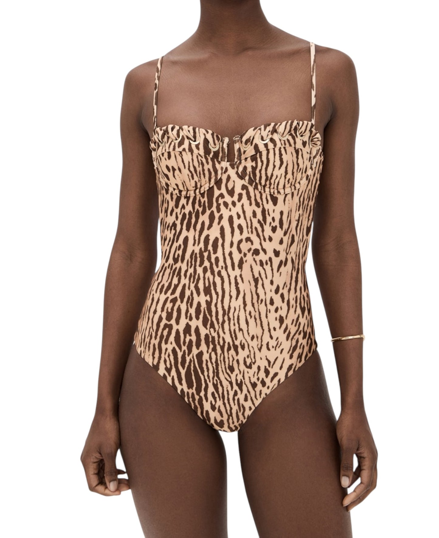 Leopard print swimsuit worn by a model on a white background