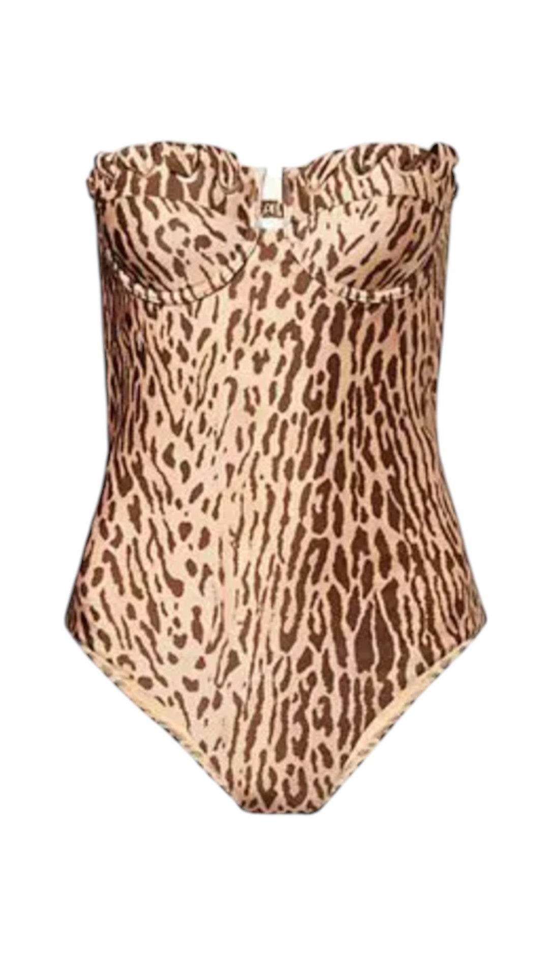 Leopard print strapless swimsuit on a white background