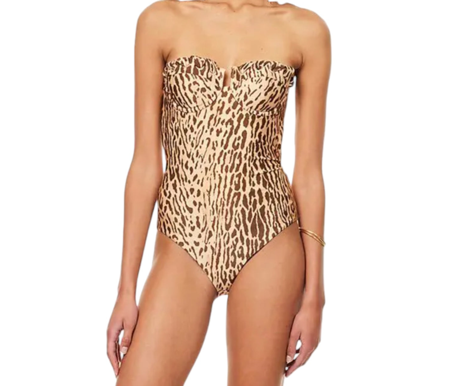 Leopard print strapless swimsuit on a white background