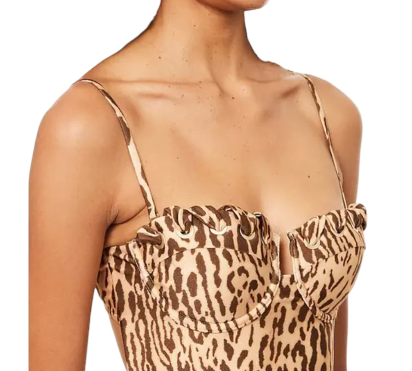 Leopard print top worn by a person on a white background