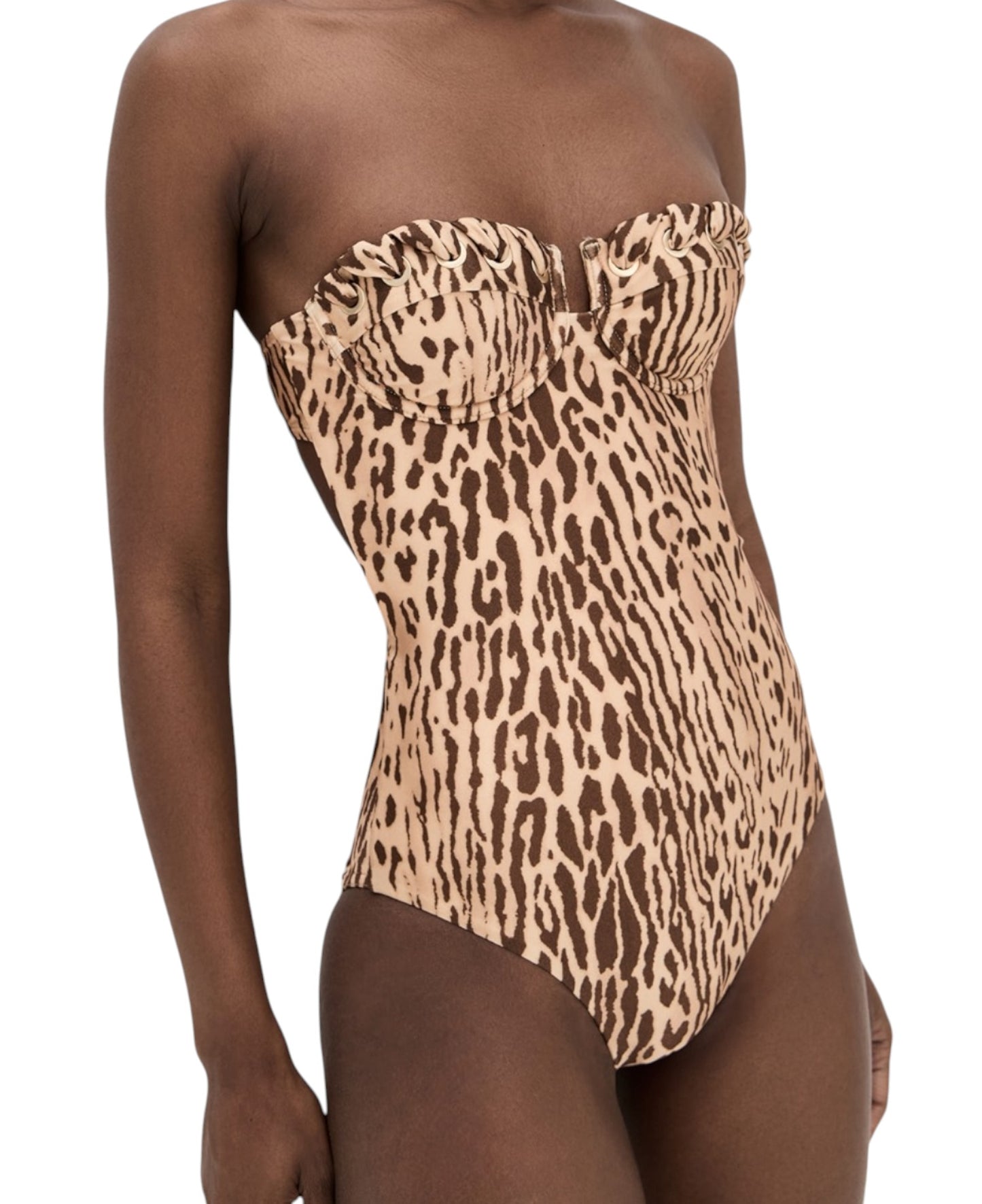 Leopard print strapless swimsuit on a white background