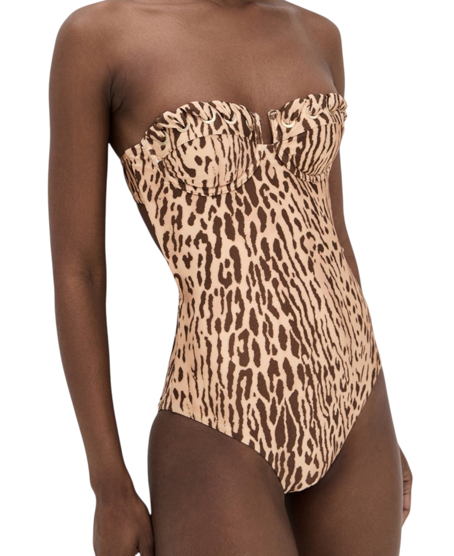 Leopard print strapless swimsuit on a white background