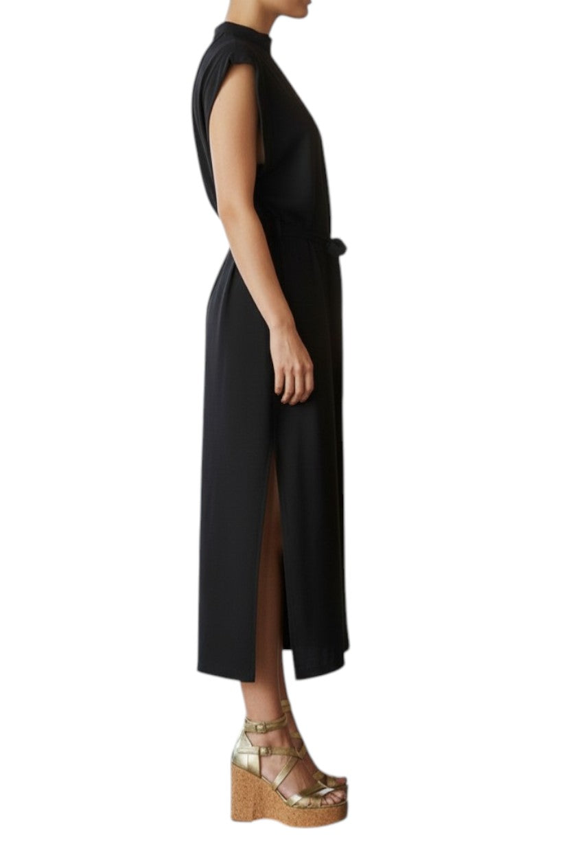 AI generated image of Black sleeveless dress with a slit on a white background