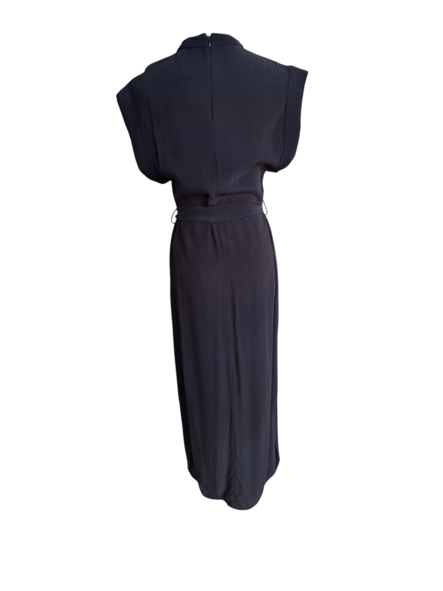 Navy blue dress on a mannequin against a white background