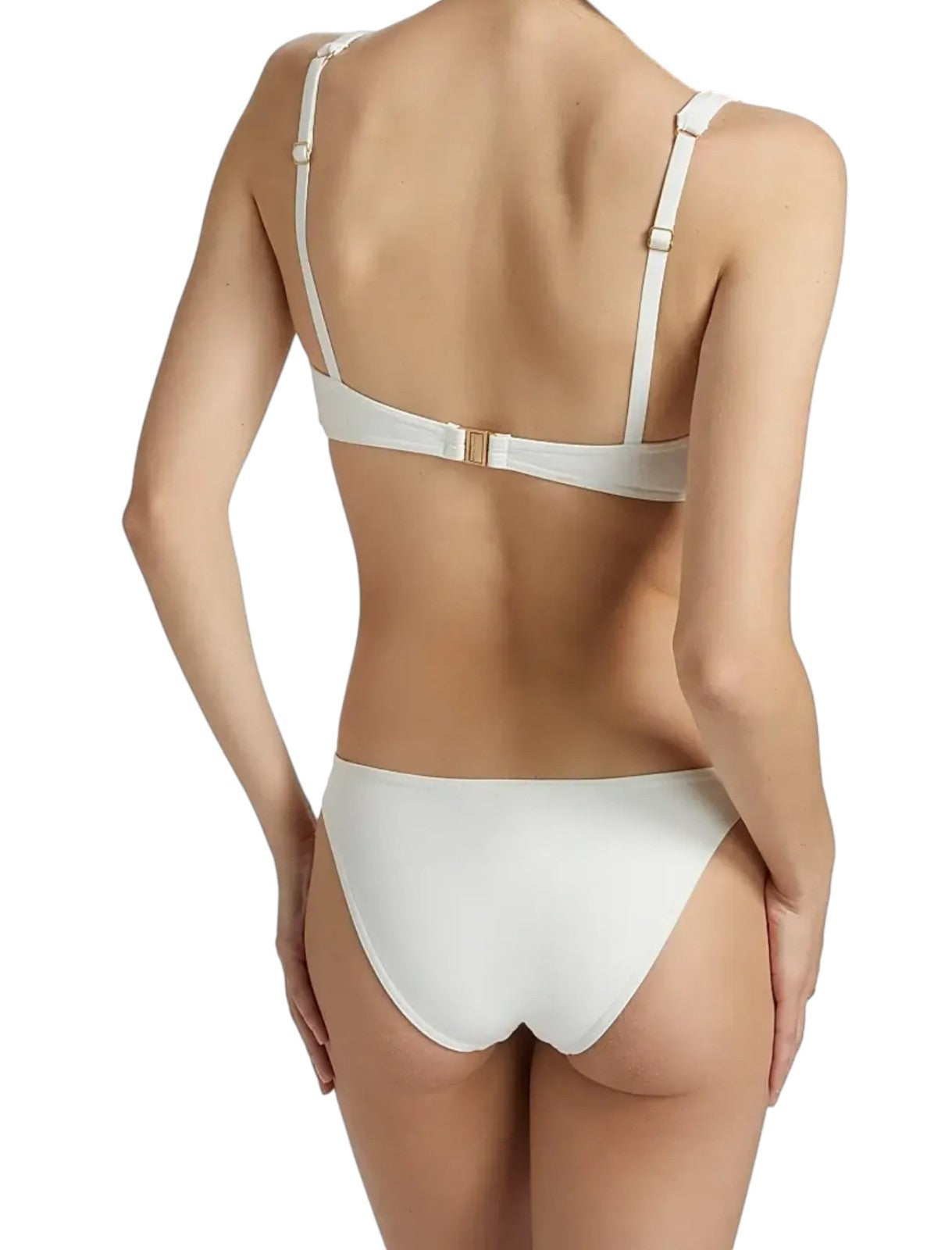 Naked Pear Zimmermann Coco wire front bikini set in ivory white, back view showing clasp closure and low-rise bottoms