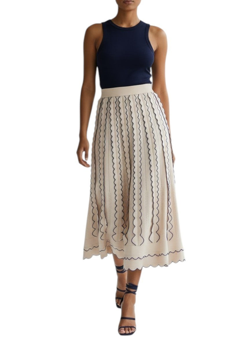 Naked Pear Zimmermann Wonderland cream and blue knit midi skirt with cutout details and a high-waisted silhouette.